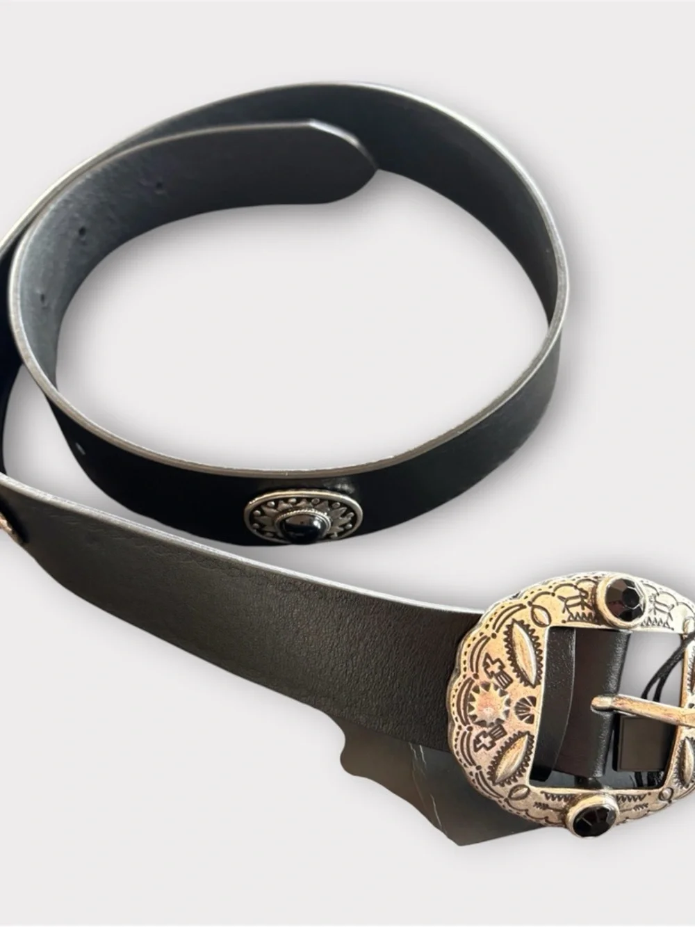 The Kooples Black Leather Belt with Decorative Silver-Tone Western Buckle